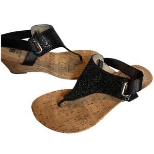 White Mountain Size 8 Allegany Black  Slip On Cork Boho Wedge Slingback Sandals